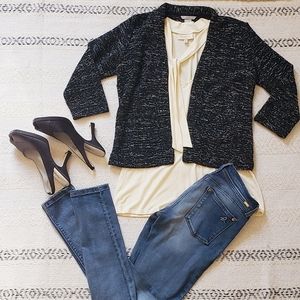 H&M Open Cardigan Knit Blk Wht Crop Sleeve Top S